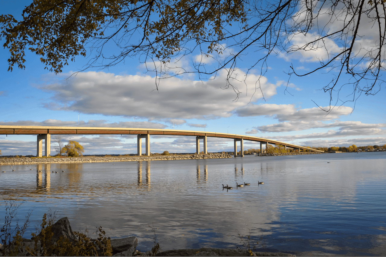 Bay of Quinte bridge under a blue summer sky
